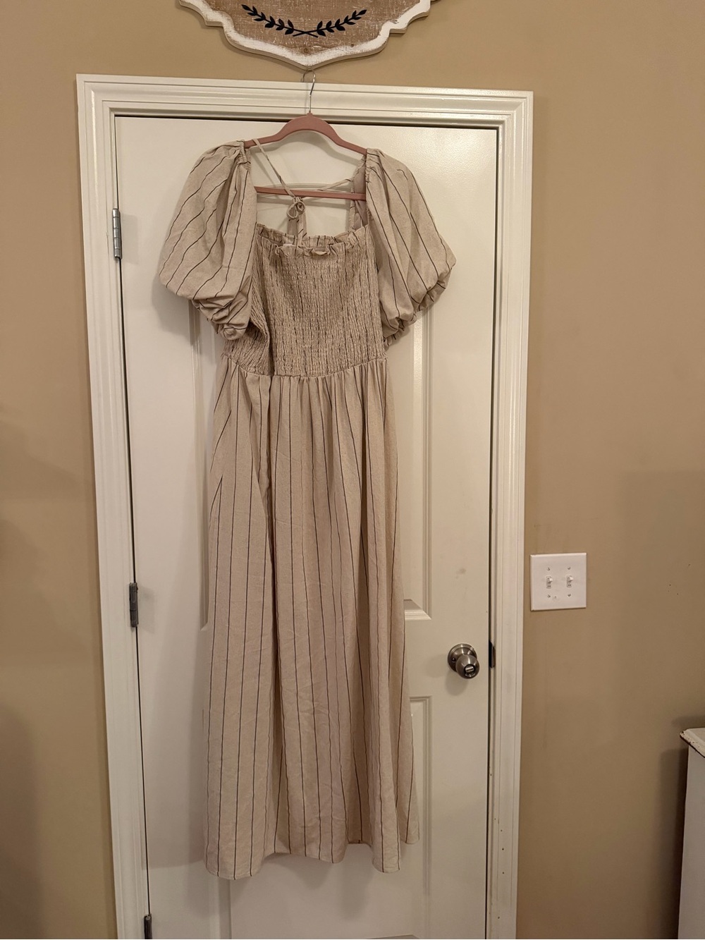Fashion Nova Beige Puff Sleeve Maxi Dress with Pinstripes